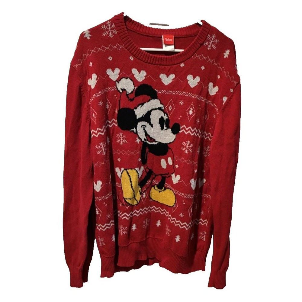 Disney Mickey Mouse with Santa Hat Red White Knit Christmas Sweater Size XXL
